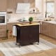 Modern rolling kitchen cart island in brown with wooden top, featuring storage cabinets and wheels for easy mobility.