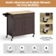 Modern rolling kitchen cart with brown finish, wooden top, and four universal casters for easy mobility and storage.