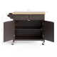 Modern rolling kitchen cart island in brown with wooden top, featuring two drawers and adjustable shelf for ample.