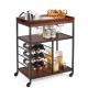 Three-tier serving cart with a wine rack and glass holders, showcasing a rich wooden top and sturdy metal frame.