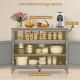 Modern gray wooden kitchen lockers featuring a spacious countertop, open shelf, and double-door cabinet for ample.