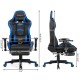 Massage gaming chair in blue displaying side view with adjustable armrests, retractable footrest, and lumbar pillow for.
