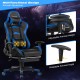 Massage gaming chair in blue with adjustable armrests, flexible backrest, and retractable footrest for comfort.