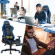 Massage gaming chair in blue with adjustable armrests, footrest, and lumbar pillow for comfort and relaxation.