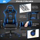 Massage gaming chair in blue with adjustable features, retractable footrest, and lumbar pillow for comfort and.