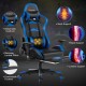 Massage gaming chair in blue with adjustable features, lumbar pillow, and retractable footrest for ultimate comfort.