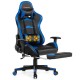 Massage gaming chair in blue with adjustable armrests, retractable footrest, and lumbar pillow for relaxation.