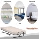 Rollaway guest bed with beige memory foam mattress and sturdy steel frame, ideal for versatile use in various rooms.