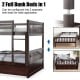 Full over full bunk bed in brown wood with guardrails and trundle, ideal for kids' rooms or compact spaces.