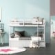 Full over full bunk bed in white wood with trundle, featuring modern design and sturdy pine frame for kids' rooms.