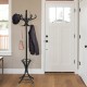 Black wood standing hat coat rack with umbrella stand, featuring 12 hooks and a compact design for versatile use.