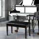 Black solid wood piano bench with PU leather, padded seat, and storage compartment, perfect for duet practice.