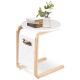 Bentwood sofa side table with round white tabletop, birch wood frame, and side storage pocket for magazines.