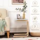 Bentwood sofa side table with round white tabletop, birch wood frame, and side storage pocket for versatile use.