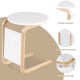 Bentwood sofa side table with round white tabletop, birch wood frame, and side storage bag for convenient organization.