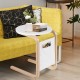Bentwood sofa side table with white lacquered tabletop, birch wood frame, and side storage bag for convenient access.