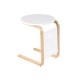 Bentwood sofa side table with round white tabletop and side storage bag, made of birch wood for living room or bedroom.