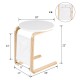 Bentwood sofa side table with round white tabletop, birch wood frame, and side storage bag for convenient access.