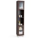 Tall brown bathroom storage cabinet with two open shelves and two glass-door cabinets for organized display.