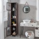 Tall brown bathroom storage cabinet with two open shelves and two cabinets, perfect for organizing essentials in any.