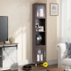 Tall brown storage cabinet with glass doors, featuring two open shelves and two cabinets for organized display in any.
