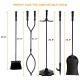 Five-piece fireplace tool set including poker, brush, shovel, log lifter, and stand, with durable black metal.