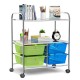 Rolling storage cart with 4 big blue and green drawers, 2 metal mesh shelves, and wheels for easy movement in any room.