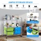 Rolling storage cart with 4 blue and green drawers and 2 metal mesh shelves, ideal for kitchen or office organization.