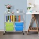 Rolling storage cart with 4 big blue and green drawers, 2 mesh shelves, and wheels for easy movement in any room.
