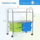 Rolling storage cart with 4 big drawers in blue and green, 2 mesh shelves, and steel frame for kitchen or office use.