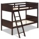 Twin size wooden bunk bed in brown with a sleek painted surface and solid wood construction, ideal for space-saving in.