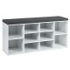 Side view of the 10-cube organizer entryway padded shoe storage bench in white, showcasing adjustable shelves and.