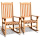 Two outdoor rocking chairs made of premium eucalyptus wood, featuring contoured seats and widened armrests for patio.