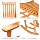 Close-up of the outdoor rocking chair's contoured slatted seat and wide armrest, made of premium eucalyptus wood.
