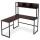 Reversible L-shaped corner desk in dark brown with sturdy iron frame, providing ample workspace and convenient hutch.