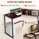 L-shaped corner desk in dark brown with wide desktop and open storage hutch for organized workspace in home or office.
