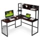 L-shaped corner desk in dark brown with open storage hutch, ideal for multitasking in home office or study.