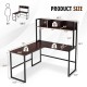 L-shaped corner desk with open storage hutch in dark brown, featuring dimensions and sturdy iron frame for home office.