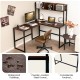 L-shaped corner desk in dark brown with open storage hutch, waterproof tabletop, and powder-coated steel frame for home.