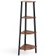 4-tier corner shelf with brown chipboard and black metal frame, ideal for compact spaces and versatile storage.