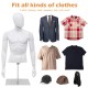 Plastic half body male mannequin with adjustable base, ideal for displaying T-shirts, jackets, and sweaters in retail.