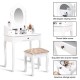 Vanity makeup dressing table with a rotating mirror, three drawers, and a cushioned stool for elegant storage and.