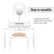 Vanity makeup dressing table with rotating mirror, three drawers, and cushioned stool for elegant storage and comfort.