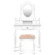 Vanity makeup dressing table in white with rotating mirror, cushioned stool, and three storage drawers for cosmetics.