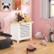 Wooden kids toy storage organizer in white with lid, ideal for dolls and books, suitable for bedroom or playroom use.