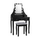 Black vanity dressing table set with 10 dimmable bulbs, cushioned stool, and 5 storage drawers for cosmetics.