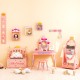 Kids princess vanity table and stool set in pink with a mirror, drawer, and castle theme, perfect for ages 3+.