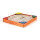 Kids outdoor wooden sandbox with built-in corner seating, made of cedar and pine, perfect for backyard play.