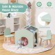 Wooden kids table and chair set in green with house shape, rounded corners, and ergonomic design for playroom use.