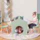 Kids' green wooden table and chair set with slant tabletop, chalkboard, and ergonomic design for playroom use.
